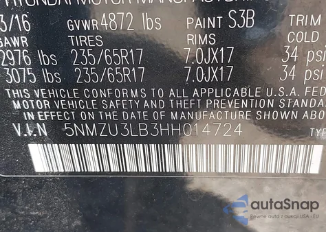 2017 Hyundai Santa Fe Sport 2.4L z USA, uszkodzony, nr VIN 5NMZU3LB3HH014724